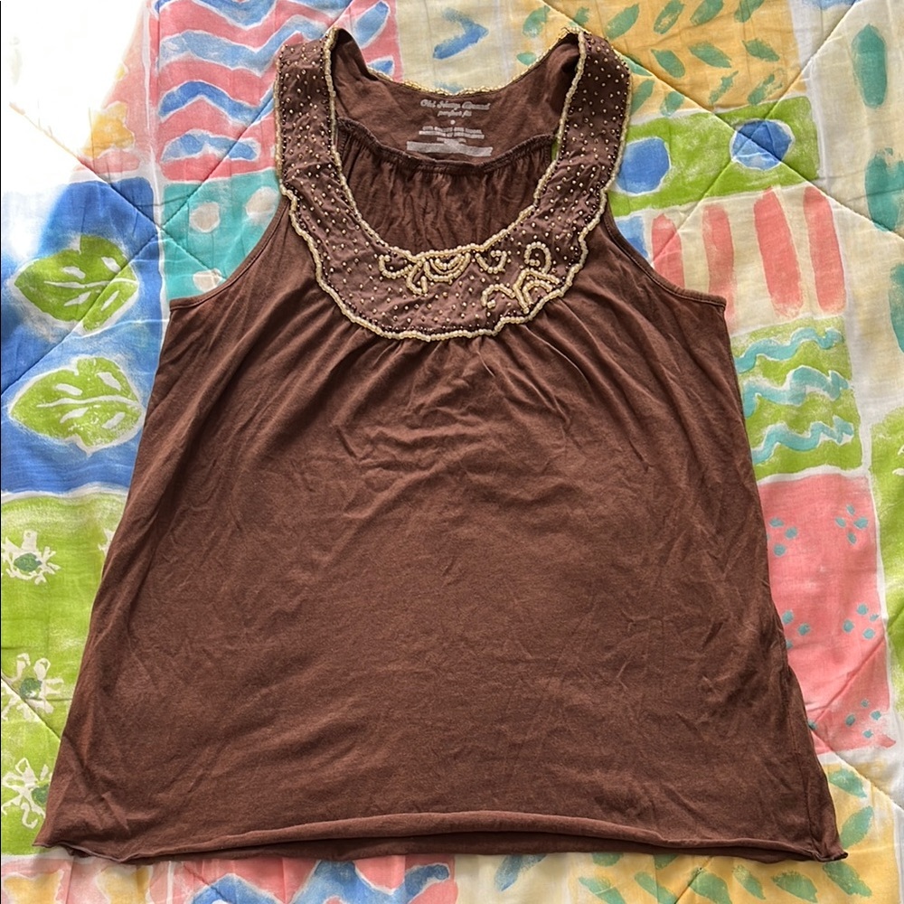 Y2K Old Navy Brown Tank Top with Gold Embellishments